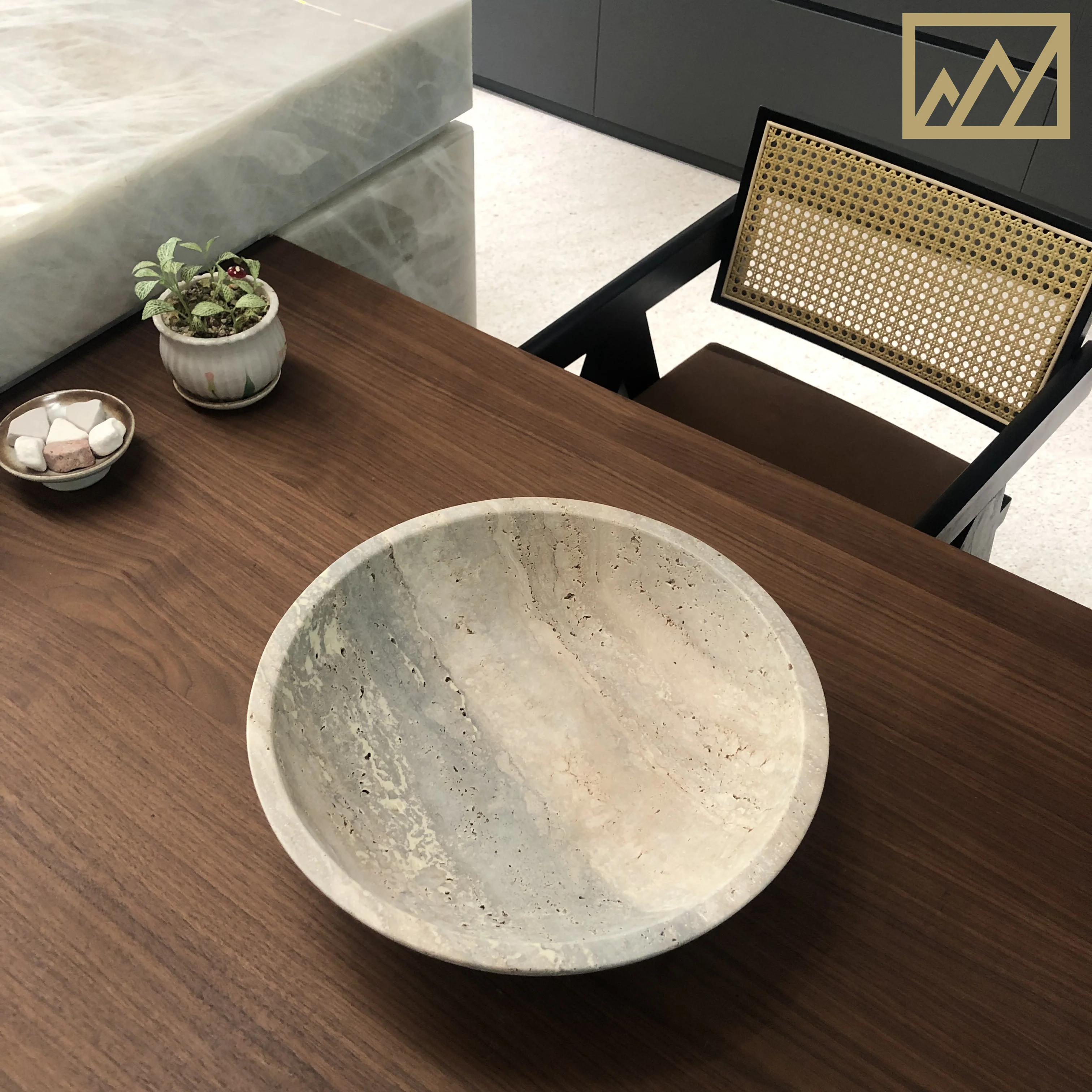 KINGS-WING Luxury Natural Marble Silver Travertine Custom Decorative Plates Bowl Furniture Decoration For Living Room 35x35x10cm