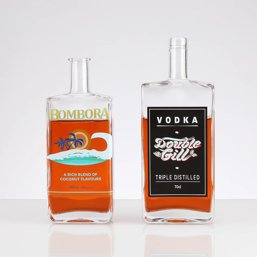 Hot sale empty rectangle 500ml gin spirit glass bottle custom decal 700ml 750ml whiskey liquor glass bottle with cork stopper