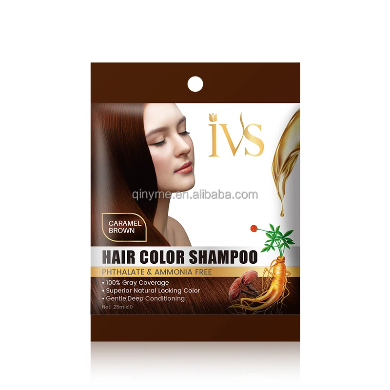 IVS 25ml*10 Bag Sachet Herbal Bubble Ammonia Free Golden Brown Ginseng Black Color Hair Shampoo Hair Dyes Wholesale