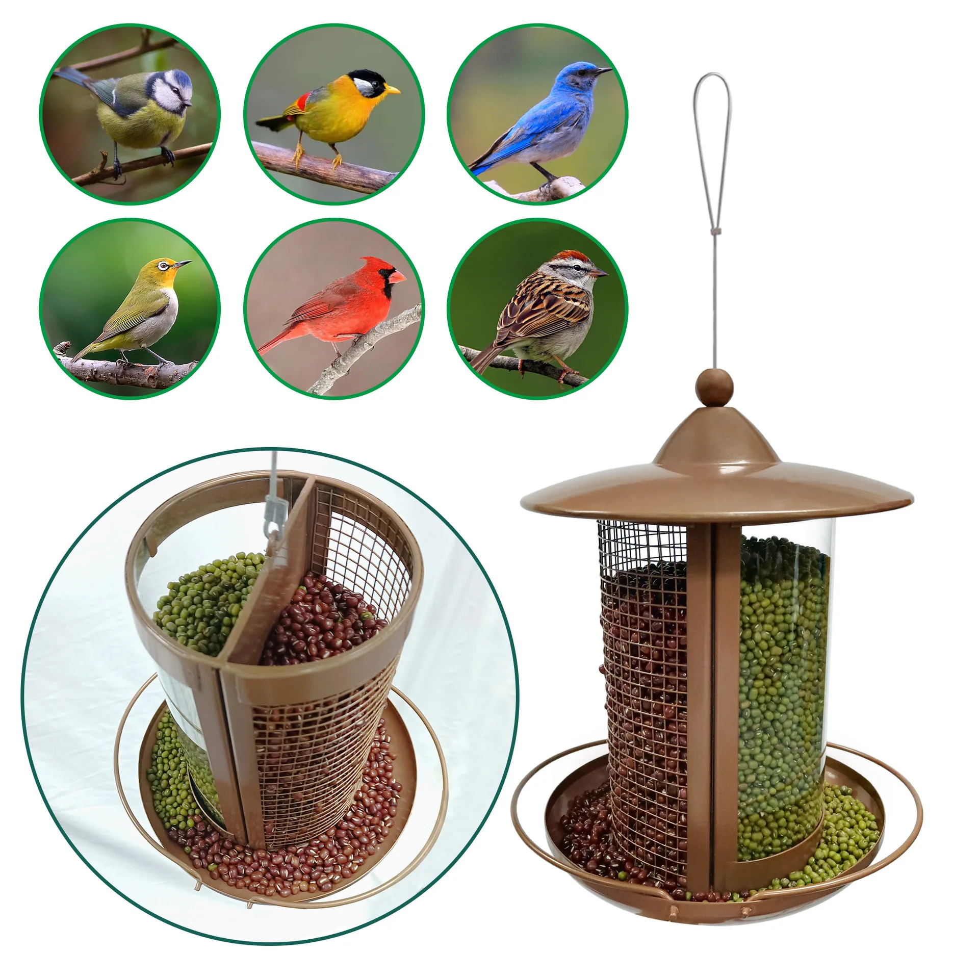 Large Capacity Bird Feeder Hanging Metal Mesh with Copper Holder Wild Outdoor Garden Backyard Plastic Tube Hopper Feeders