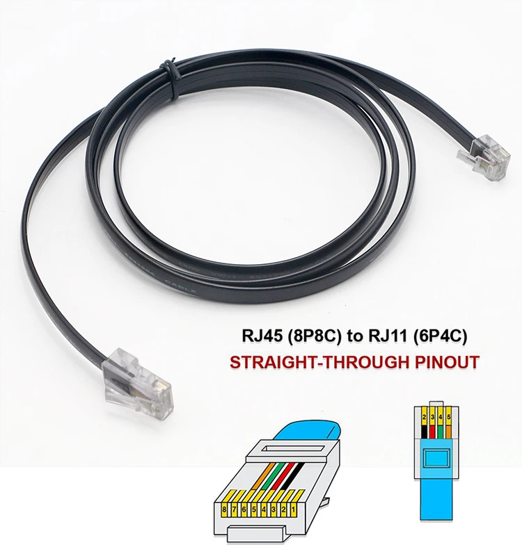 Высокое качество ПВХ черного цвета на плоской подошве 4 ядра RJ45 8P8C для RJ11 6P4C кабель телефонной
