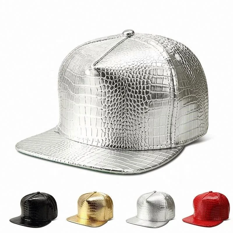 2019 Factory Wholesale Diamond Gold Dj Rap Snapback Cap PU Leather Baseball Hip Hop Cap Rhinestone Crocodile Leather Cap