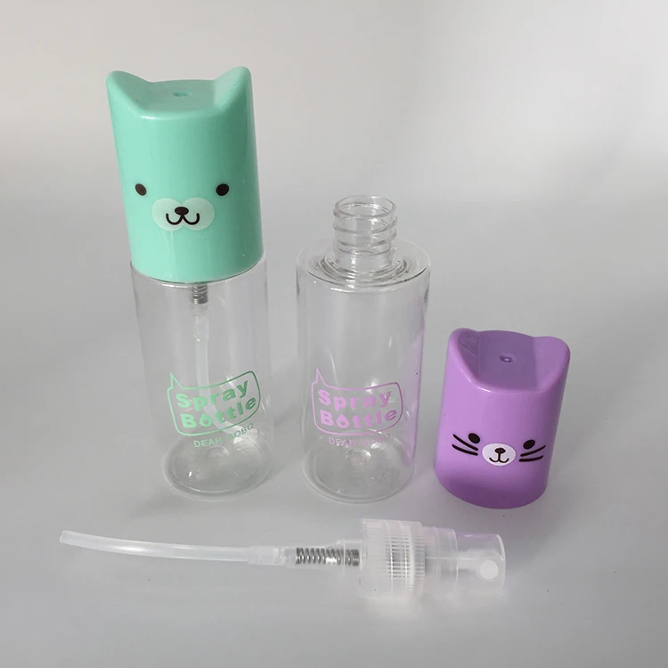 Cute 35ml clear round cylinder spray bottles with cartoon cat pig dog face printing lids travel perfume bottles for children
