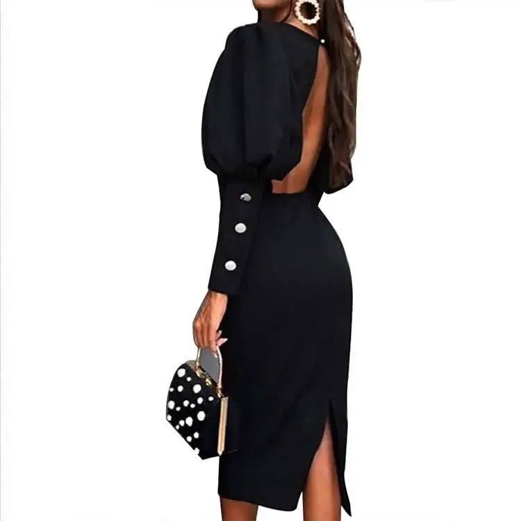OEM Latest Design Black Banquet Mid-length Open-back Lantern Long Sleeve Dinner Party Dress
