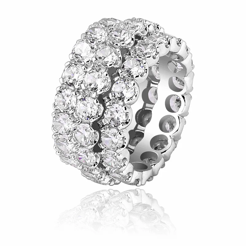 Manufacturer Custom handmade zircon paved new  design hip hop men solid gold rings 3 rows shiny zircon ring gold wedding ring