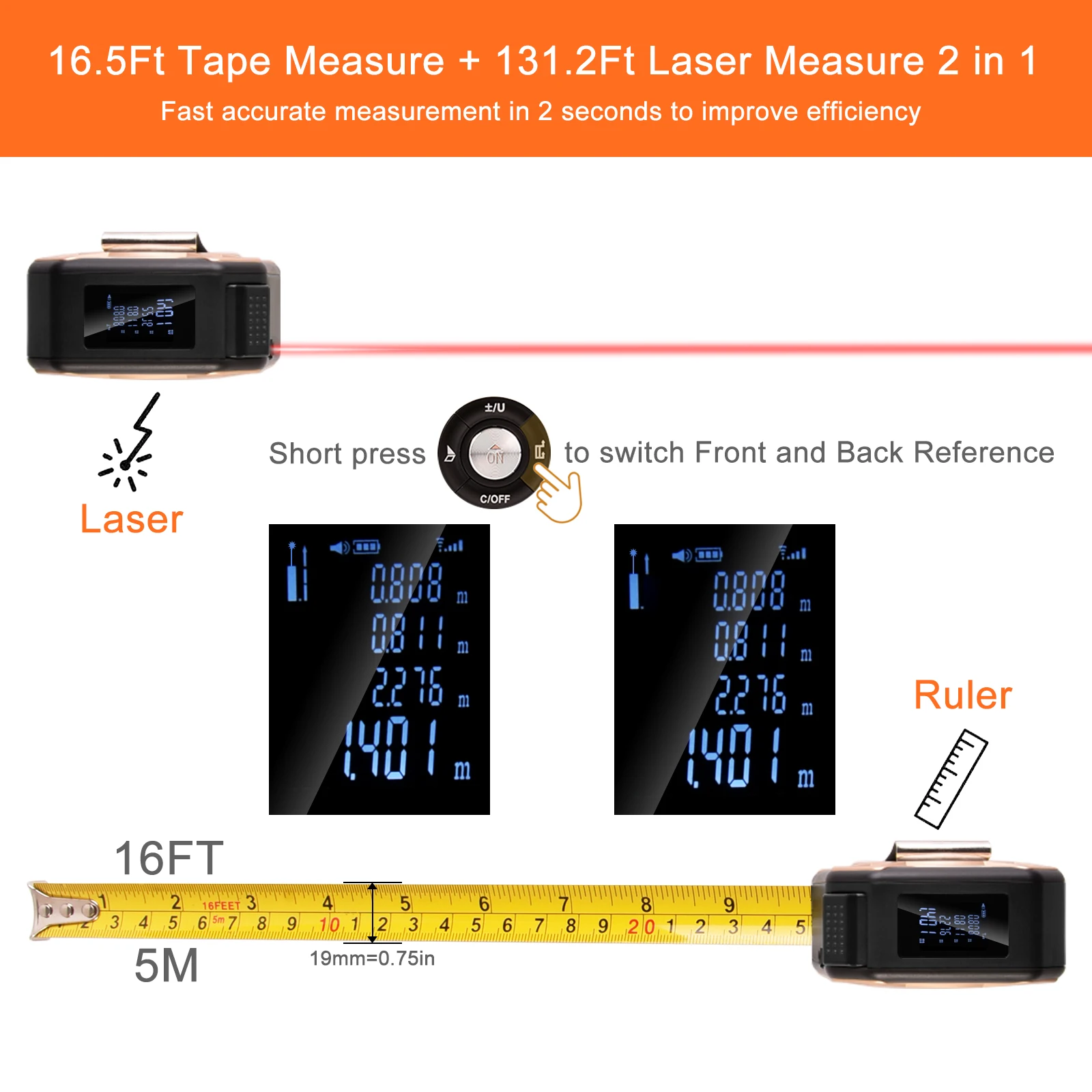 UFTOOLS 2-in-1 Digital Laser Distance Meter & 5M LCD Display Laser Measuring Tape Stainless Steel Blade MM Measurement System