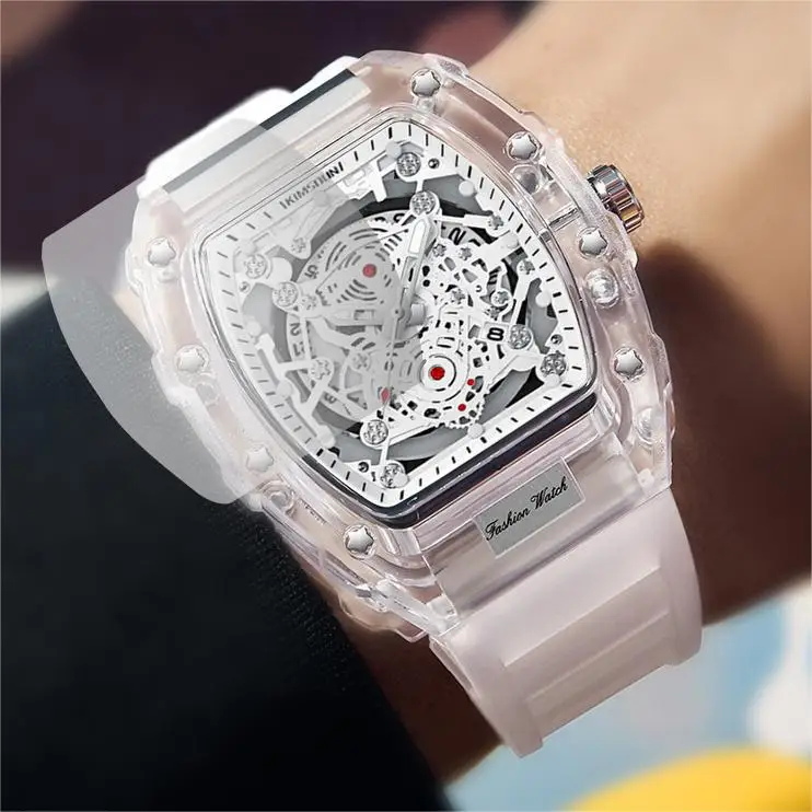 Hot Sale Fashion  Transparent Rectangle Case Quartz Watch for Men
