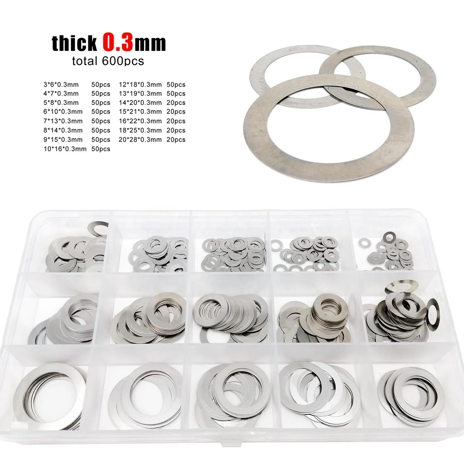 600pcs/box 0.3mm M3-M20 304 Stainless Steel Assortment Kit Set Plain Ultrathin Adjusting Shim Flat Ultra Thin Sealing Washer