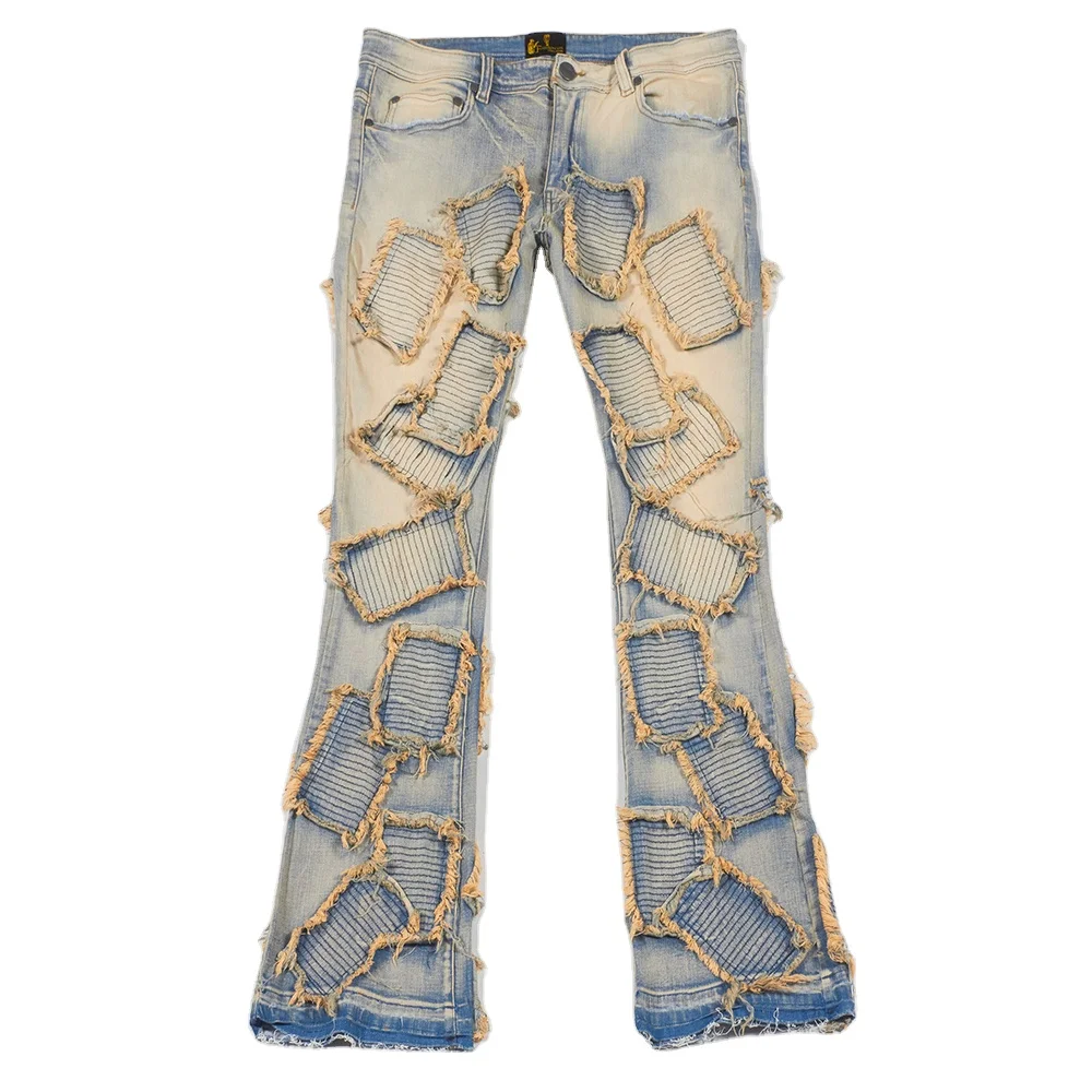 Custom Men Vintage Denim Hip Hop Washed Embroidered Distressed Pants Flare Stacked Jeans
