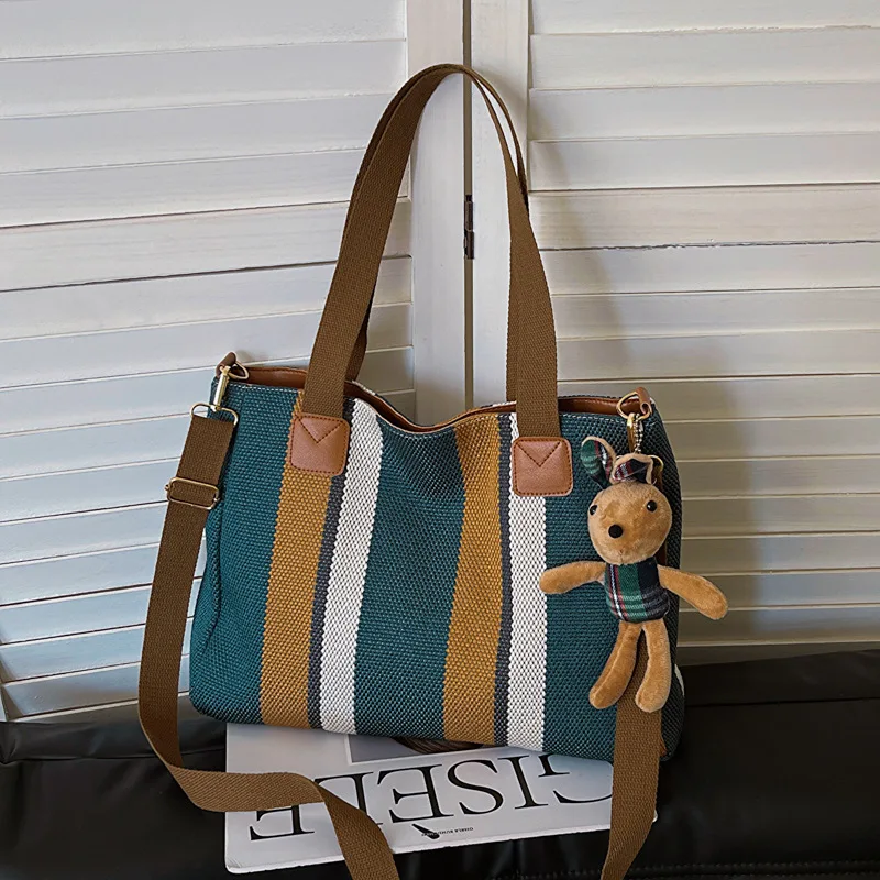 Large Canvas Bag For Women 2024 New Luxury Handbags Vintage Striped Tote Bag Female Portable Ol Business Briefcase Korean Style