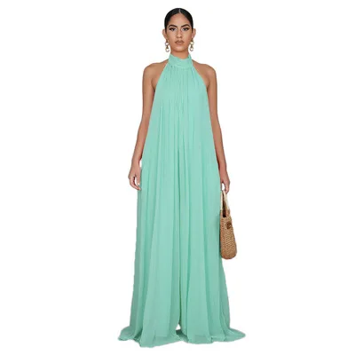 Elegant Holiday Chiffon Jumpsuits Halter Sleeveless High Waist Women Wide Leg Playsuit Open Back Pleated Rompers Cami Jumpsuit