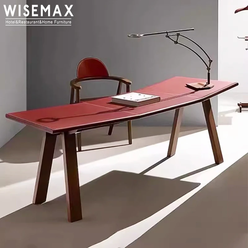 WISEMAX Italian minimalist home office furniture luxurious wooden and leather irregular curved office boss desk working table