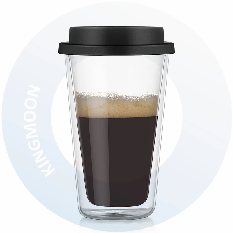 Hotsale 12oz Double Walled Glass Coffee Mugs with Black Silicone Lids