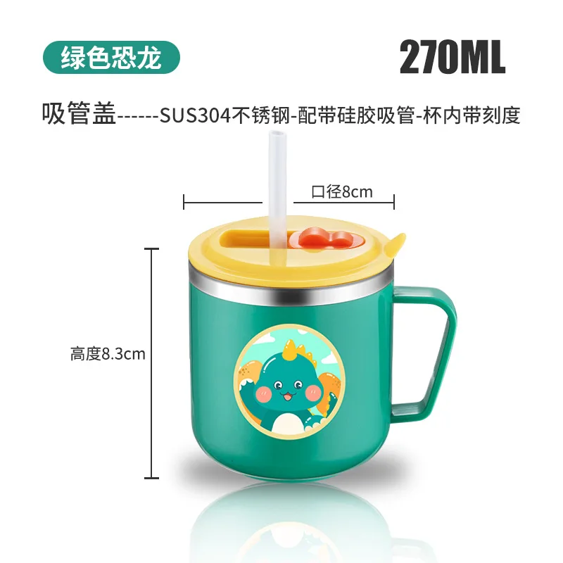 Stainless Steel Cup Cartoon creative cup with lid, double-layer thermal insulation and anti scalding scale, milk straw cup