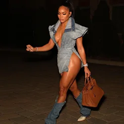 2022 Plus Size Long Casual Trendy Jersey Denim Dress Women Fall Sexy Casual Club Party Fashionable Denim Dresses Winter Clothing