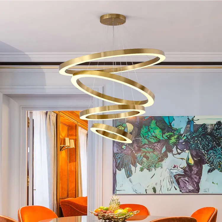 Home Decor 3rings High Ceiling Hanging Lamp Steel Led Round modern Nordic luxury crystal chandelier pendant light For Restaurant