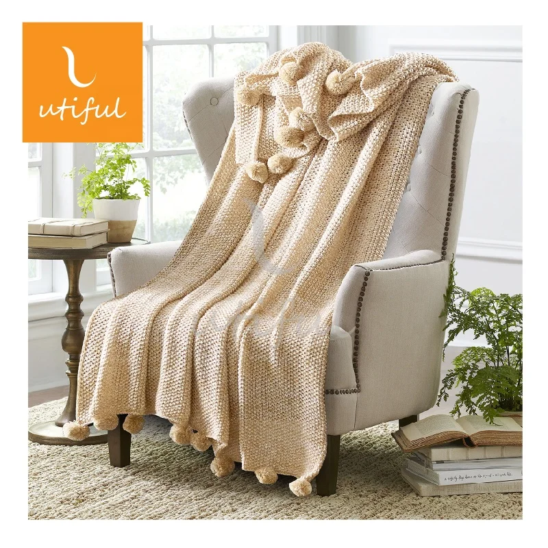 
Home Fashioned Melange Beige Knitted Acrylic Throw Blanket with Tassels 