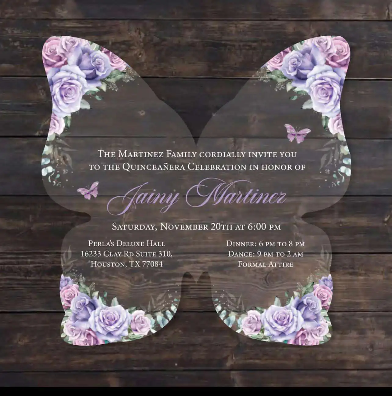 Custom Elegant Sky Blue Die Cut Sticker Floral Clear Butterfly Acrylic Quinceanera Party Invitation Wedding Invitation