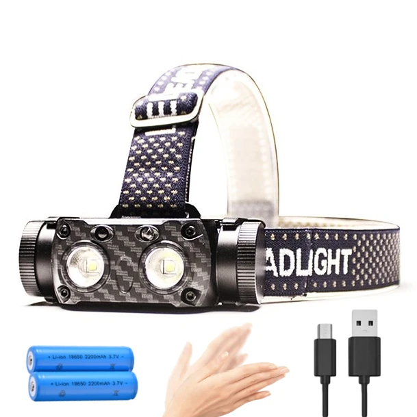 7 Modes Multifunction Sensor Sport Head Light Double LED Lamp Rechargeable Running Waterproof Headlamp