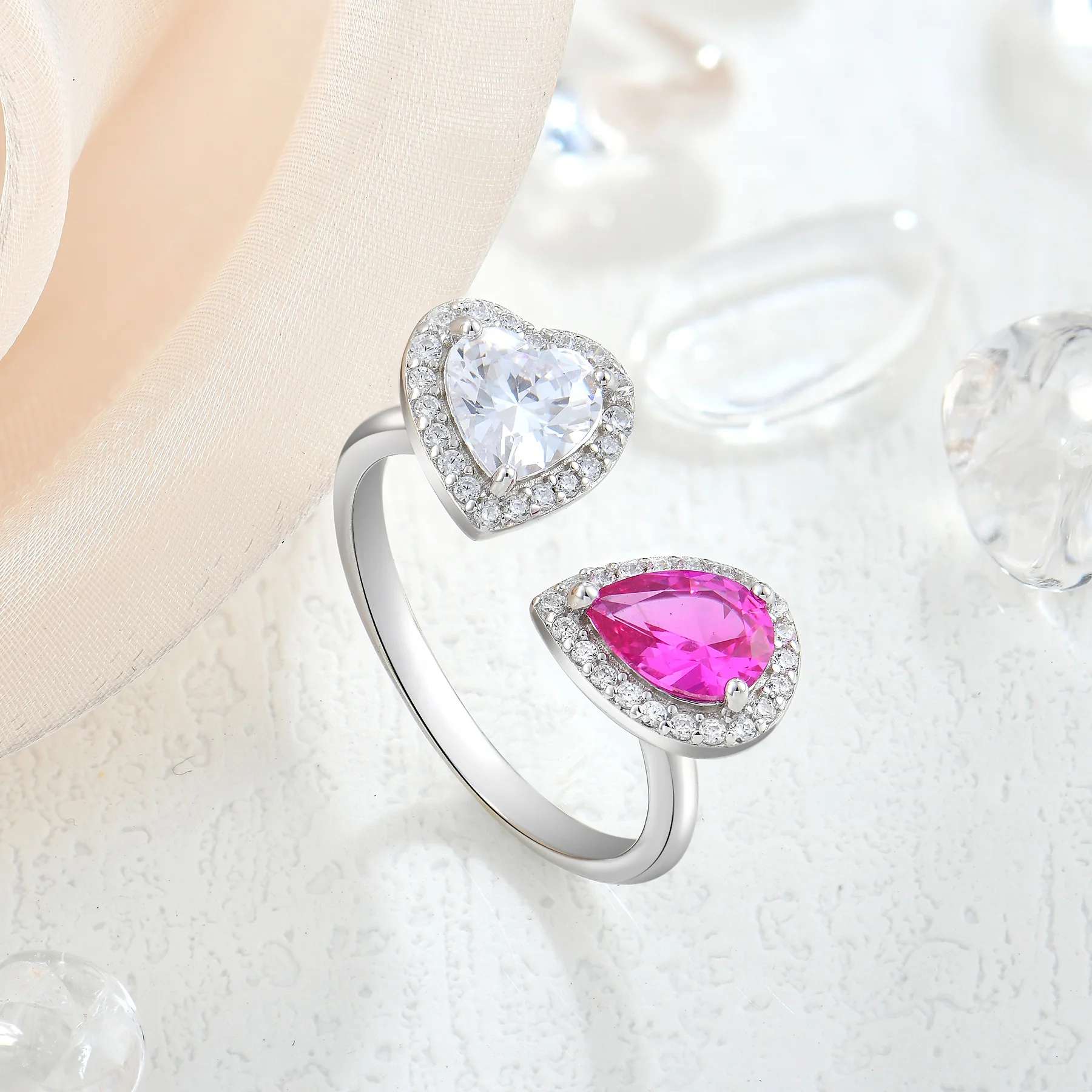 White Heart Zircon Adjustable Ring Fashion 925 Sterling Silver Rhodium Plated Droplet Red Zircon Open Ring