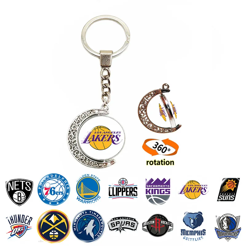 NBA Team Alloy Emblem Keychain Time Gem Crescent Pendant Double-sided Rotating Car Pendant
