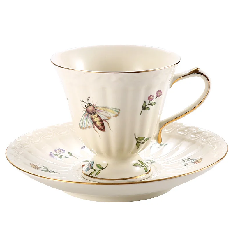 Best Selling Ceramic Natural Style Insect Pattern Pastoral Style Coffee Tea Cup and Saucer Set