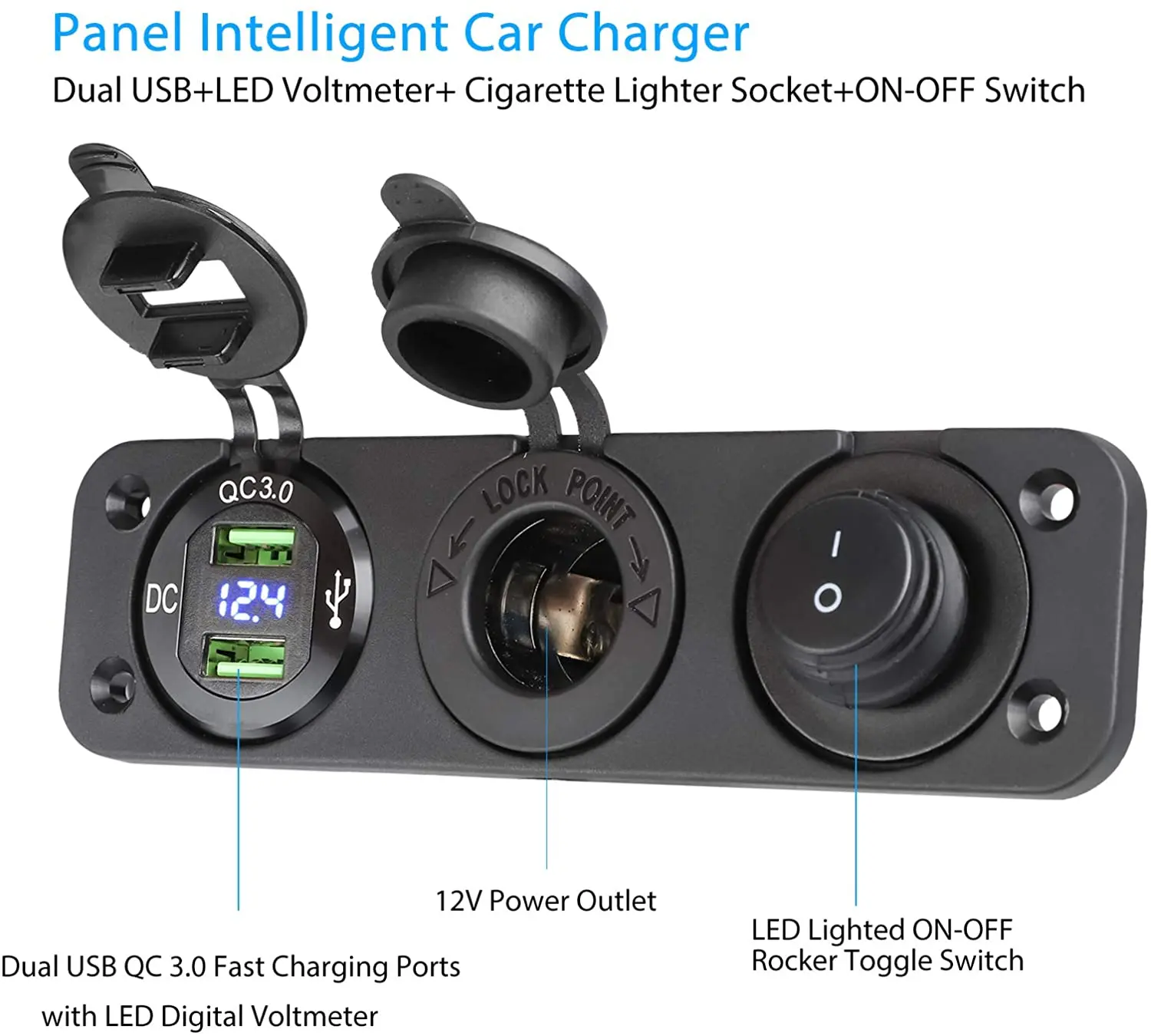 QC 3.0  Dual USB Car Socket + LED Digital Voltmeter+ Cigarette Lighter Socket Splitter + LED Lighted ON Off Rocker switch