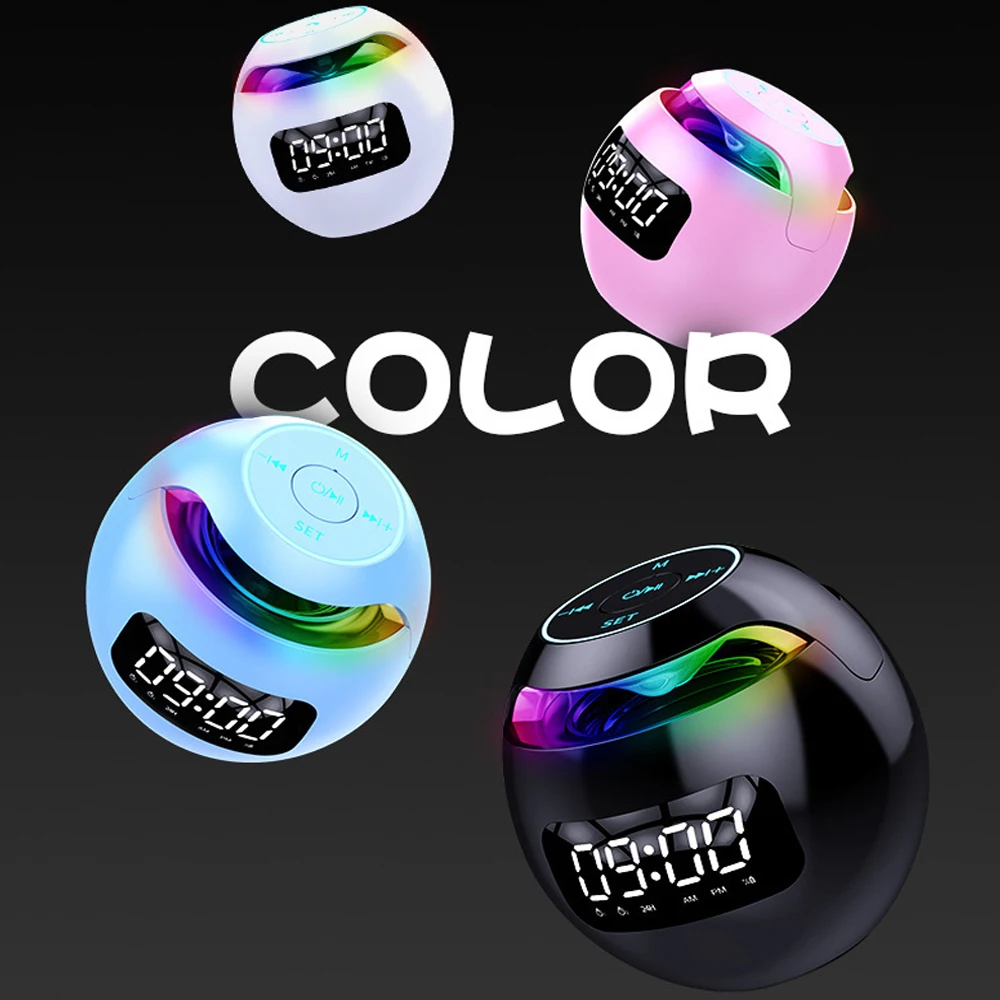 Mini Ball portable speaker Color light Alarm clock BT 3D Stereo Bass speaker with LED time screen speaker HD sound