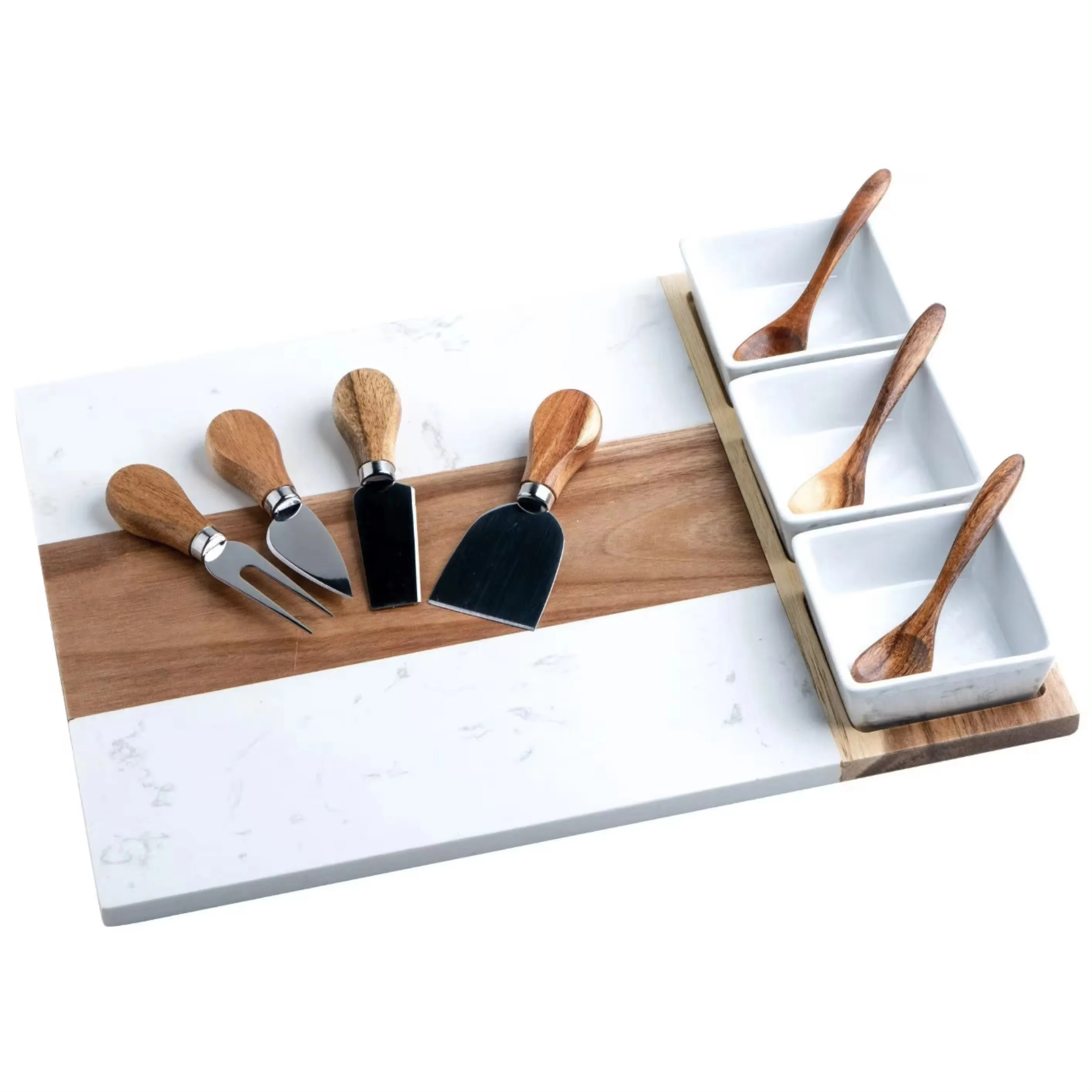 New Design Marble and Acacia Wood Charcuterie Board Cheese Board With 3 Ceramic Bowls Bamboo Cheese Board And Knife Set