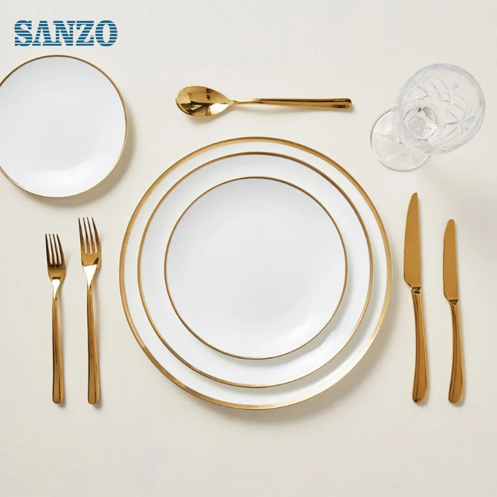 Fine Gold Rim White Ceramic Dish Porcelain Bone China Dinnerware Plates Set