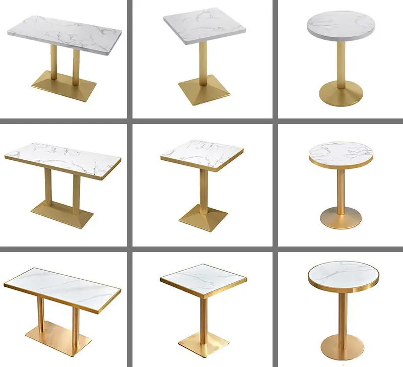 Elegant restaurant cafe shop use luxury marble slate top stainless steel round gold edge frame dining table set