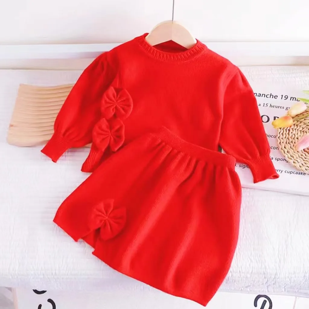 Knitted Sweet Bow Kids Sweater Set Popular Comfortable Soft Kids Dress Girls 2 Pcs Set Round Neck Girls Sweater Skort