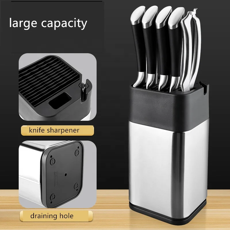 Universal Stainless Steel Knife Standing Holder Space-Saver Knife Storage with Sharpening Edge and Scissors Slots Block