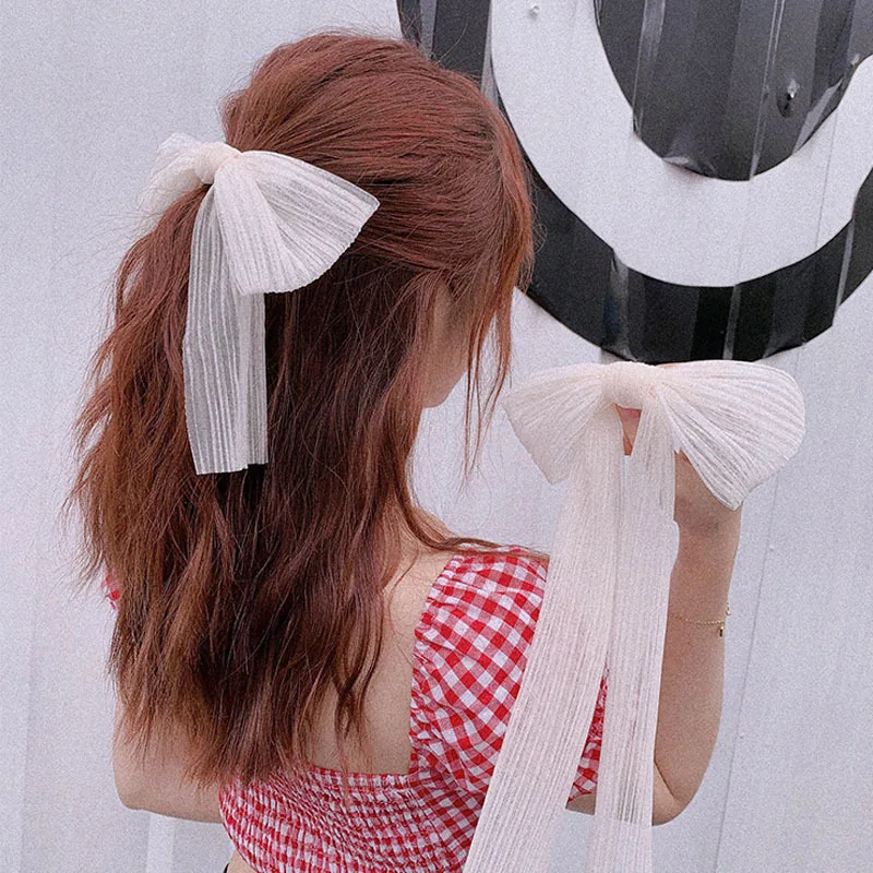 Long Super fairy white bow hair clip back head temperament silk yarn spring clip net red ribbon hair clip