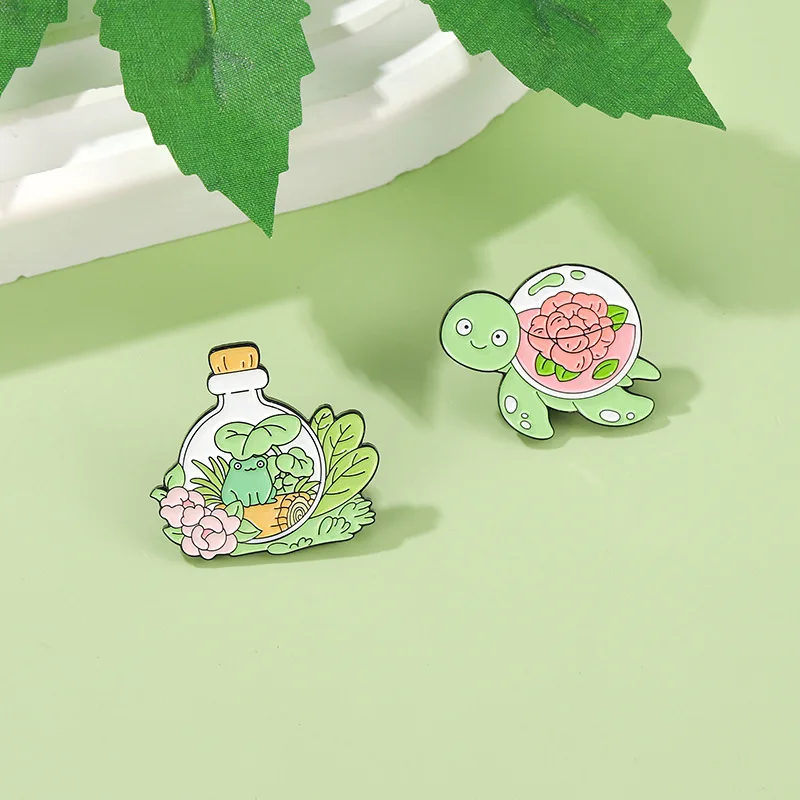 New cartoon cute little animal enamel pin plant flower snail green alloy brooch in stock clothing decoration pins