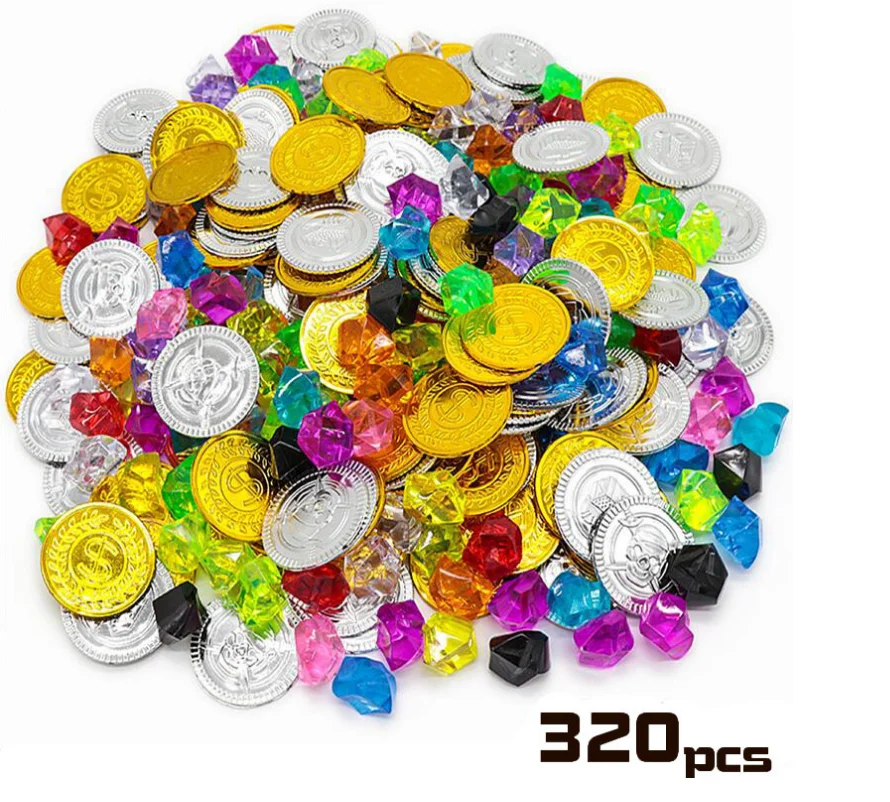 288pcs Packing of 144pcs Pirate Gold Coins and 144pcs Acrylic Gems Kids Simulation Toy