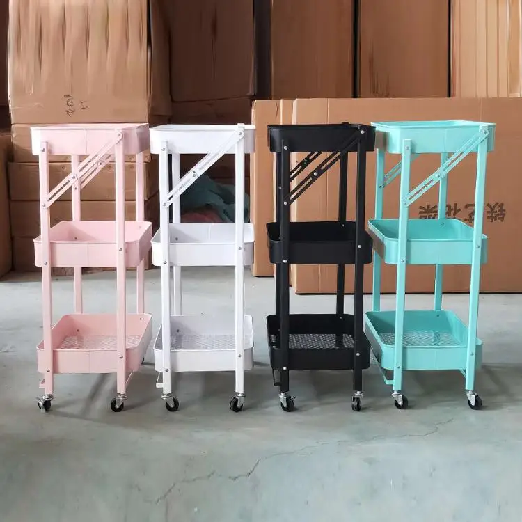 High Quality Portable Folding 3 Layer Rack Carbon Steel Material Plastic Bathroom Bedroom Storage Carts For Children