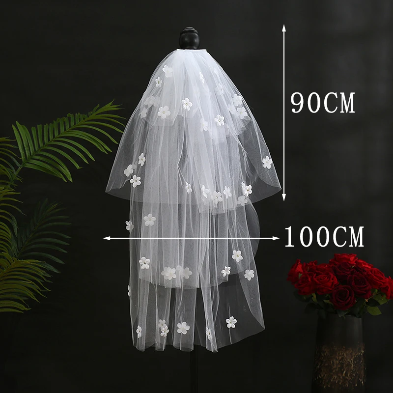 Bridal Veil 3d Flower Pearl Line Cathedral Wedding Veil Ivory Ribbon Comb Long High Quality Veil