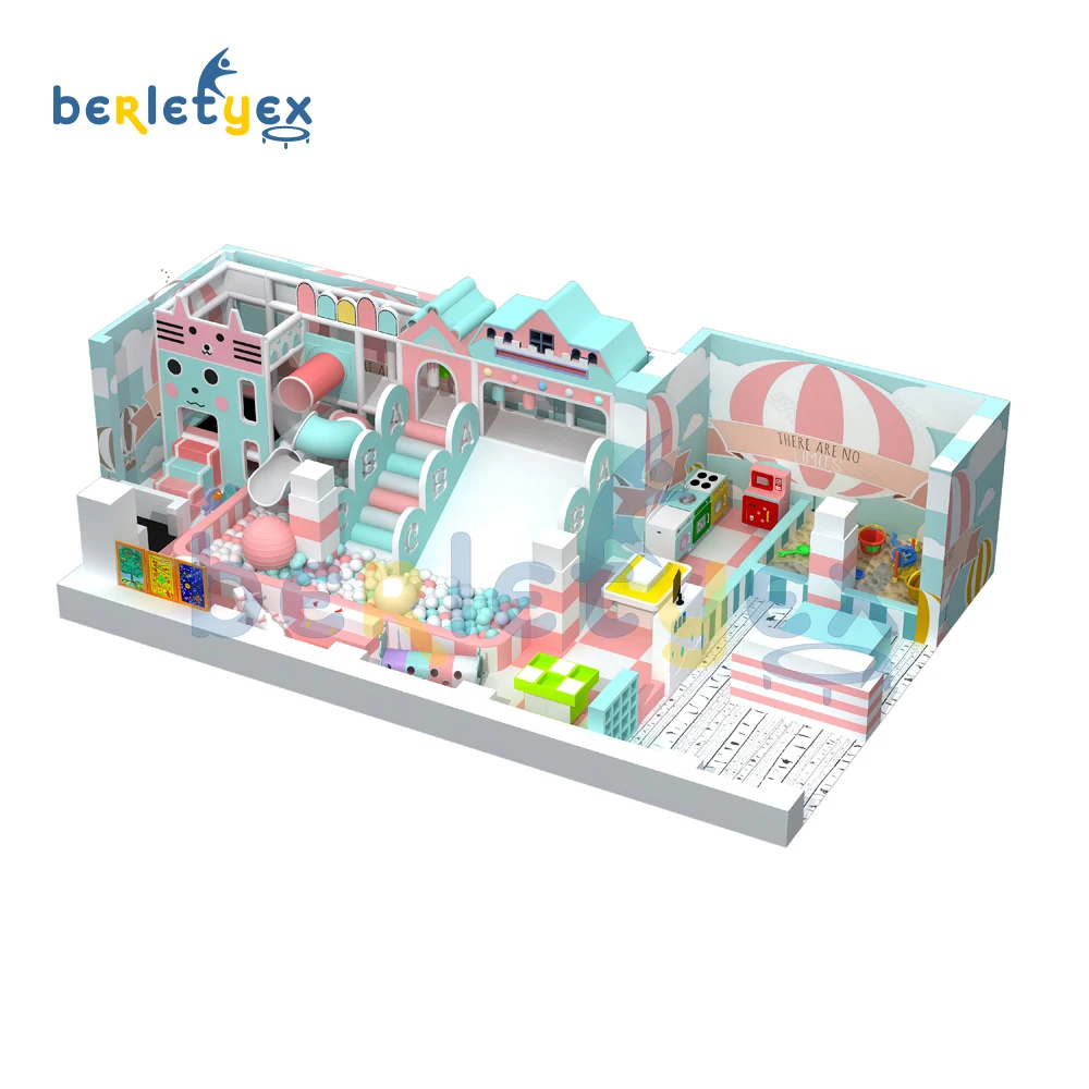 Kids indoor playground castle with tube slide equipment climbing frame commercial sand pool children playground 60 square meters