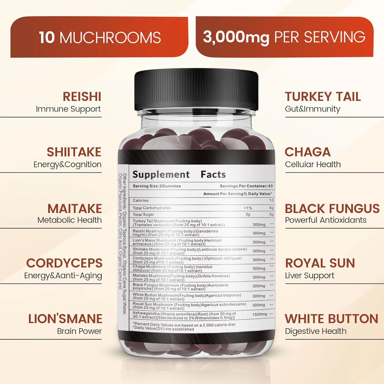 Private Label Vegan Super 10 Mushroom Gummies Sugar-Free Brain and Energy Supplements Organic for Adults