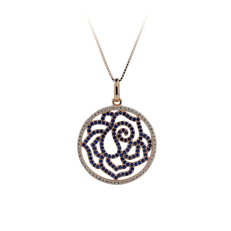 silver zircon paved big round disc plate romantic rose flower pendant necklaces for women fashion jewelry for choker
