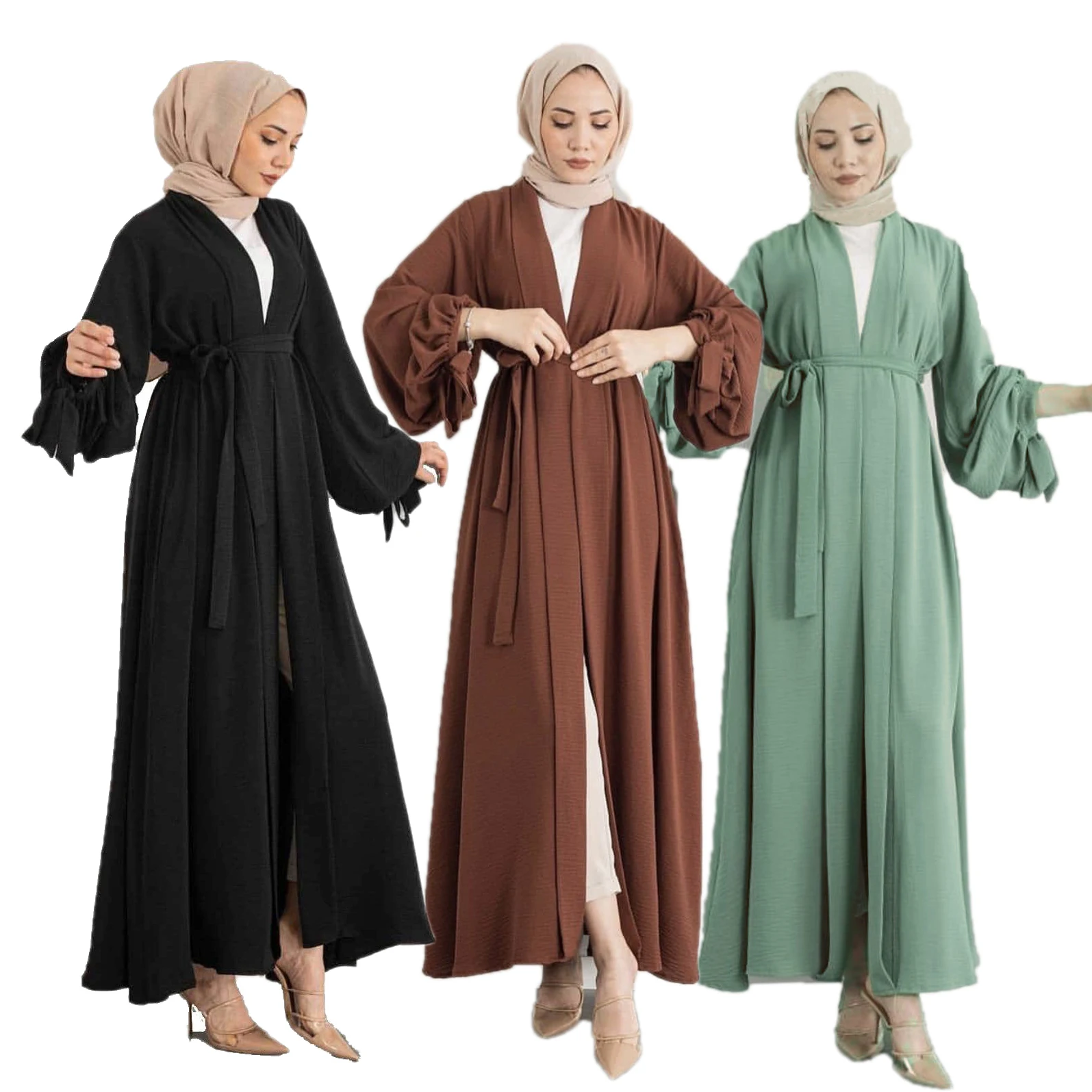 Wholesale Open Women Muslim Long Dress Dubai Maxi Plain Black Pleated Kimono Abaya Modest Wear Middle East Islamic Clothing