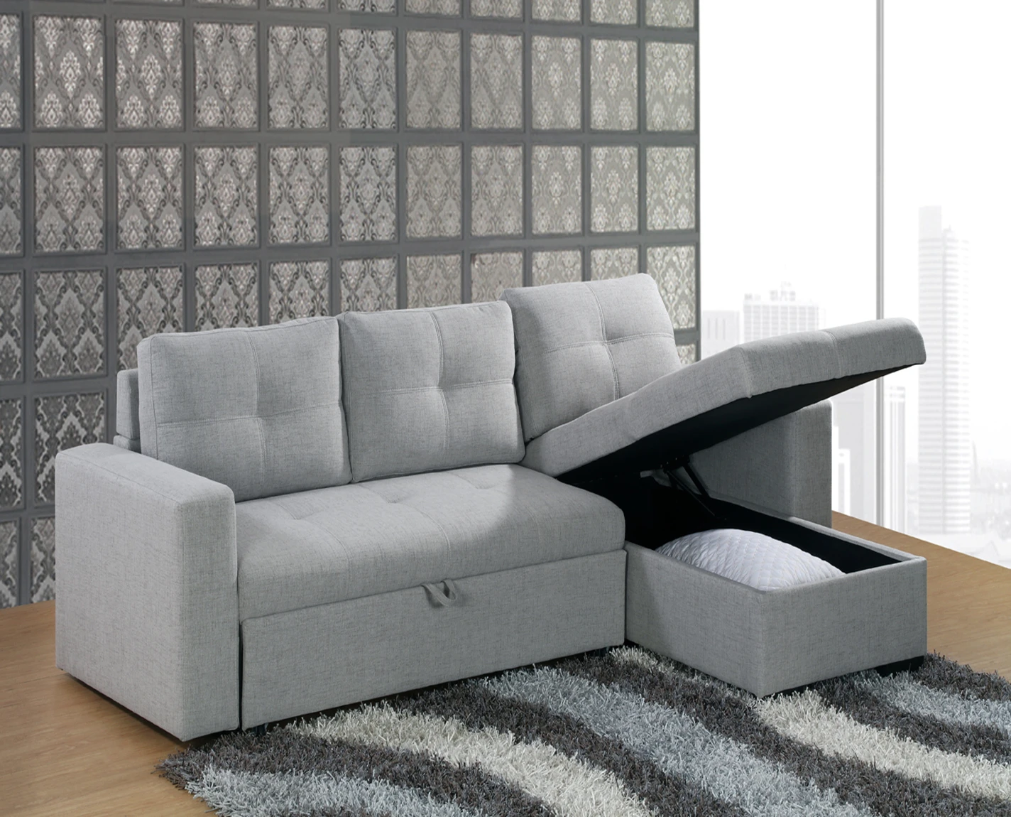 Latest transformable wooden sofa cum bed design with storage