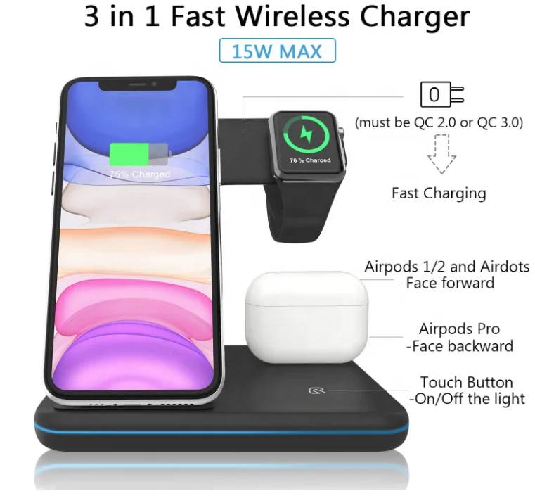 Wireless Fast Charger Qi Portable 3 in 1 Charging Station Cellphone For iPhone Earbuds Air Pod
