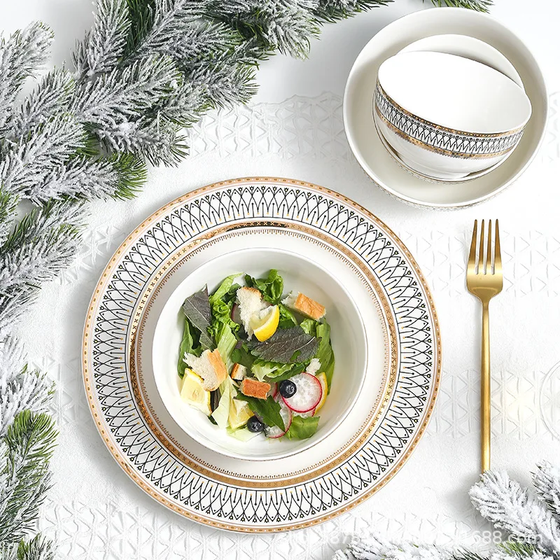 Recyclable Restaurant table dishes Reusable plastic plates melamine hollow plates ceramic White Gold Rim Flat Dessert Plates Set