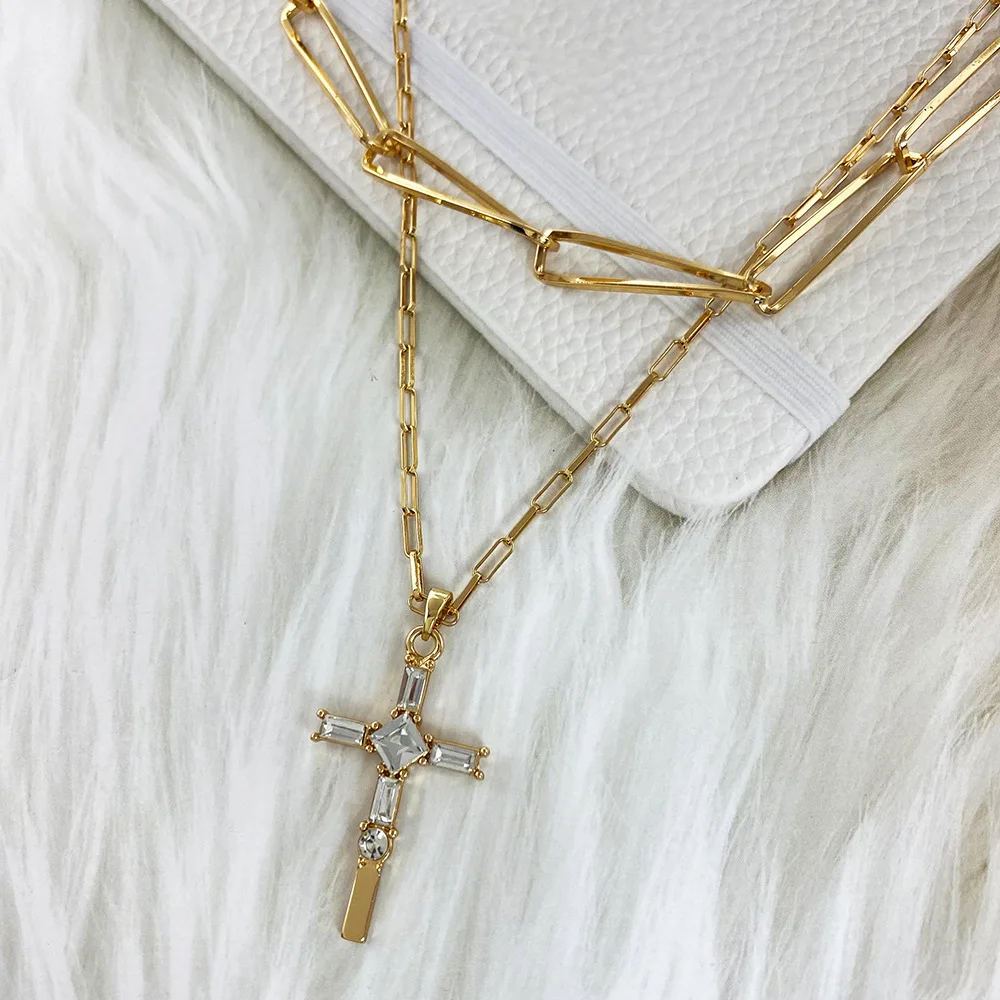 Fashion Personality Commuting Spring Simple Everything Cross Diamond Pendant Double Layer Chain Necklace