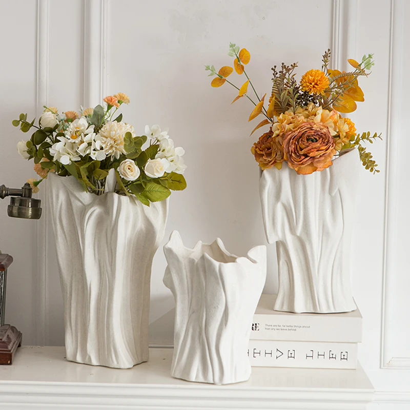 Decent gift nordic style art wrinkle design white ceramic vases decor living room bouquet table luxury vase for fresh flowers