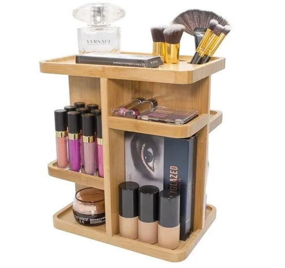 Bathroom Countertop Storage Display Shelf Bamboo Wooden Professional 360 Degree Rotating Brush Holder Makeup Cosmetic Organizer