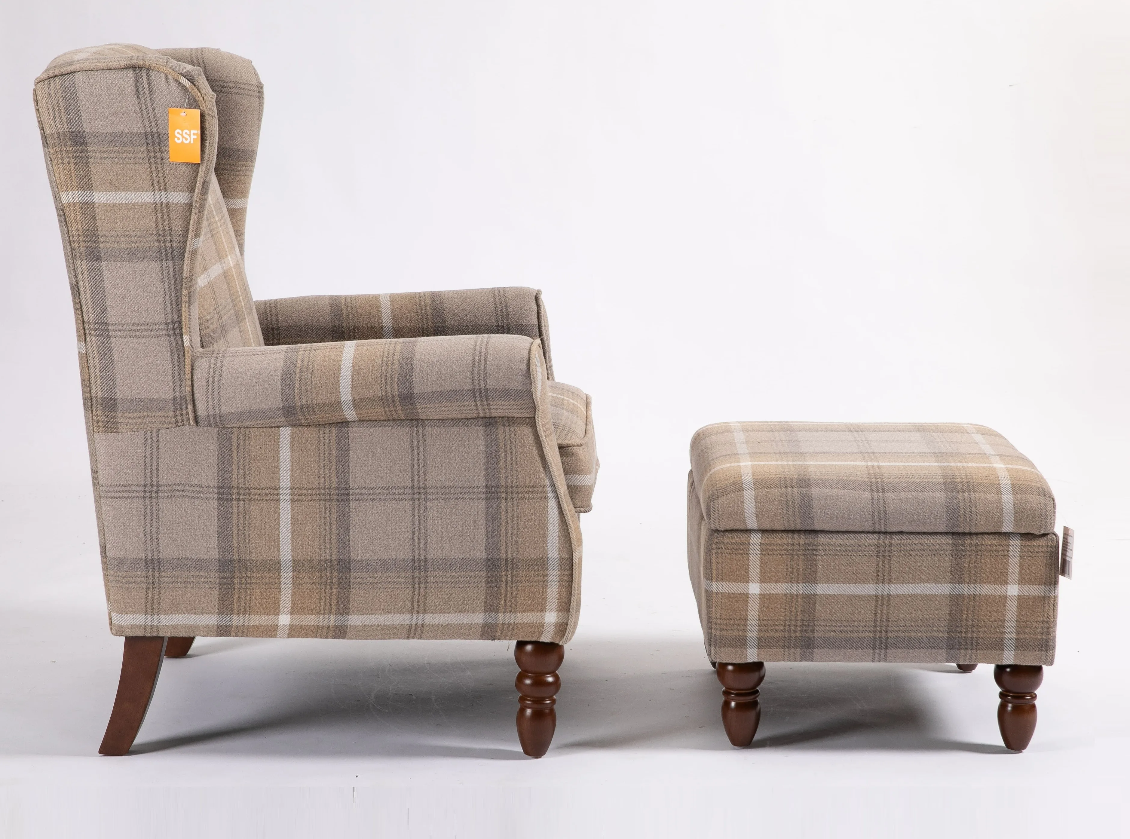 Pleasurable and Sturdy Fabric Upholstered Solid Wood Living Room Armchair with Storage Footrest