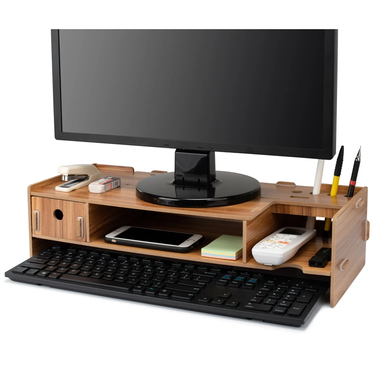 Tonmsile Wood Monitor Stand, Multifunctional Wooden Office Desk Organizer Desktop Computer Screen Riser